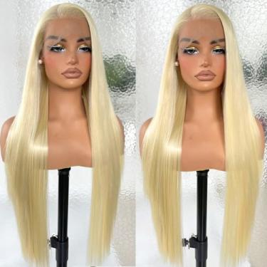 Imagem de Peruca frontal de renda loira 13x6 613, HD sem cola, peruca frontal reta sintética pré-arrancada, pronta para usar cabelo humano semelhante densidade 200, 81 cm #loiro