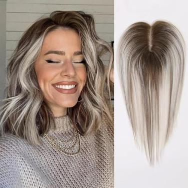 Imagem de EMMOR Remy Toppers de cabelo humano para mulheres, 100% 3,5 pol. × 10 pol. Toppers de cabelo amarrado à mão com base de renda suíça 30,5 cm (cinza ombré marrom misto)