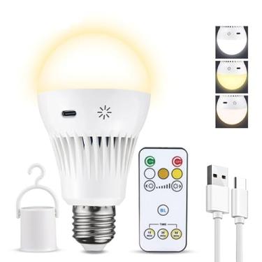 Imagem de Lâmpadas recarregáveis com controle remoto, mudança de 3 cores + lâmpadas alimentadas por bateria regulável, recarregável por USB, LED de emergência de 2600 mAh