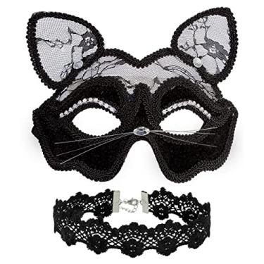 Imagem de OLYPHAN Fantasia feminina de gato preto com máscara de baile de máscaras sexy com orelhas de gato de renda e gargantilha de gatinho adultos/adulto