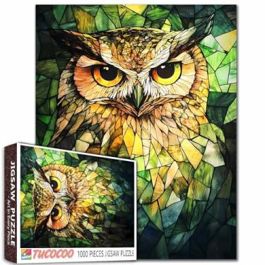 Imagem de Quebra-cabeça 1000 peças para adultos - coruja verde estilo vidro cartão duro quebra-cabeça desafiador perfeito para noites de jogos - DIY decoração de parede de casa - quebra-cabeças artísticos