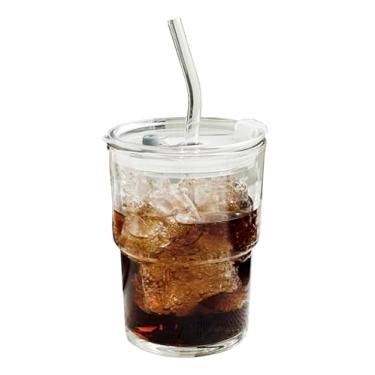 Imagem de Balde de água de vidro de 400 ml com canudo e tampa selada, copo de café gelado de parede grossa transparente, copo de café plano portátil para beber