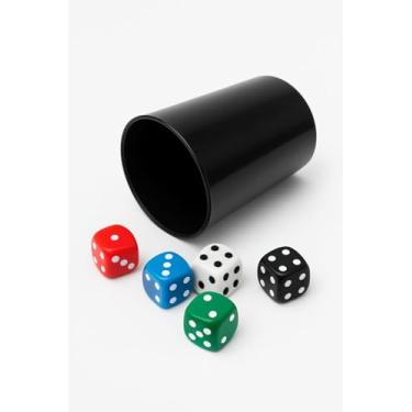 Imagem de Kit de Dados Coloridos com Copo Preto – 5 Dados 14mm e 1 Copo 8cm Para Jogos de Tabuleiro, RPG e Diversão em Família – Acessório para Jogos de Mesa