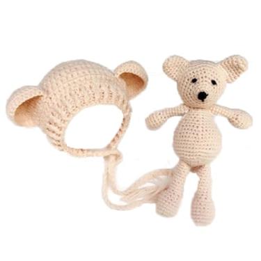 Imagem de Ederafoto Adereços para fotografia de recém-nascidos, chapéu de urso, sessões de fotos, fotos, posando, crochê, urso, boneca, acessórios de brinquedo de tricô (bege)