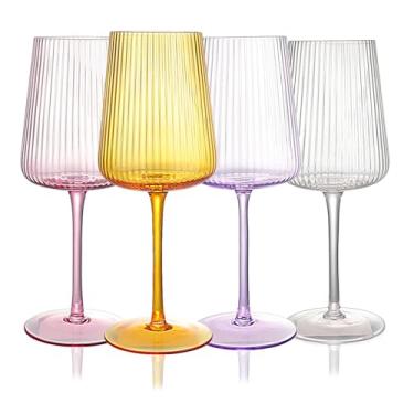 Imagem de WeirdUncle Taças de vinho caneladas sopradas à mão com haste, copos de cristal sem chumbo, presente de luxo, conjunto de 4, taça de vinho premium exclusiva de 510 g, grande capacidade, design canelado