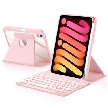 Imagem de Harvopu Capa com teclado para iPad mini 7 A17 Pro/6 geração 2024/2021 8,3 polegadas, capa traseira transparente giratória de 360° com teclado destacável retroiluminado de 7 cores, suporte de lápis
