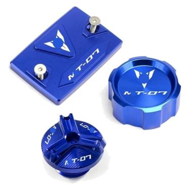 Imagem de Compatível com MT07 MT 07 Mt-07 FZ07 2015-2022 2023 2024 Acessórios Tampa do reservatório de fluido de freio dianteiro traseiro tampas de válvula de enchimento de óleo (3 peças azuis)