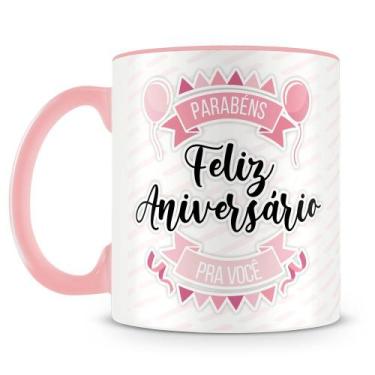 Imagem de Caneca Personalizada Feliz Aniversário Rosa com Foto e Nome - 325ml - 