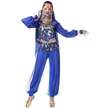 Imagem de Roupa feminina para dança do ventre moedas top calça rosto véu conjunto fantasia Halloween azul royal