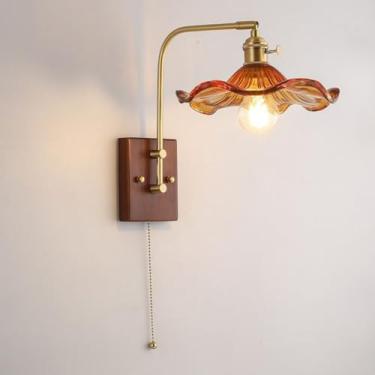 Imagem de Luminária de parede de madeira com interruptor Luminária de parede vintage Lâmpada de parede interna giratória industrial retrô E27 abajur de vidro com design de flores abajur de cabeceira p