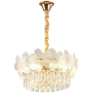 Imagem de Lustre de cristal de luxo com flores Lustre para meninas para quarto Lustre floral nórdico moderno dourado Grande luminária pendente de teto Ilha de cozinha Luminária suspensa para sala de e