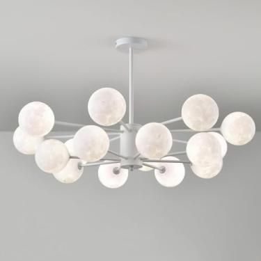 Imagem de Lustre moderno, luzes de teto industriais com bola fosca branca leitosa, impressão 3D, lua, grande luminária pendente para cozinha, ilha, sala de jantar, sala de estar, 16 luzes