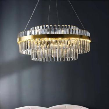 Imagem de Lustre de cristal dourado para decoração de sala de estar, quarto, cozinha, mesa de jantar, luminária pendente LED moderna, luminárias redondas, lâmpadas de lustre
