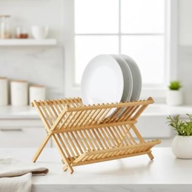 Imagem de Escorredor de Louça Dobrável 2 Níveis em 100% Bambu Natural - Até 14 Pratos - Suporte para Talheres - Compacto e Sustentável