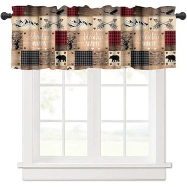 Imagem de GoDazzling Cortina de cozinha retrô para casa de fazenda, alce, urso, alce, veado, animais, caça, aventura, madeira, janela, para quarto, sala de estar, café, banheiro, 1 painel L 137 x C 45 cm