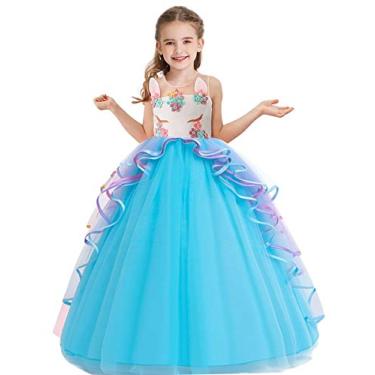 Imagem de NEWEPIE Fantasia de unicórnio para meninas Halloween vestido chique princesa aniversário concurso casamento Natal festa longo tule vestido de baile azul 14-15T