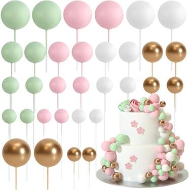 Imagem de LZGXZF 32 peças de topo de bolo em forma de bola, topo de bolo de feliz aniversário, bolas de espuma coloridas, enfeite de bolo de cupcake para meninos e meninas, chá de bebê, festa de aniversário