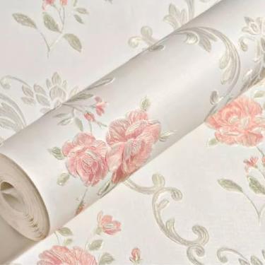Imagem de Farrich Papel de parede vintage 3D em relevo floral descascar e colar rosa flor rosa papel de parede adesivo e descascar flor damasco papel de contato decorativo para quarto sala de estar parede
