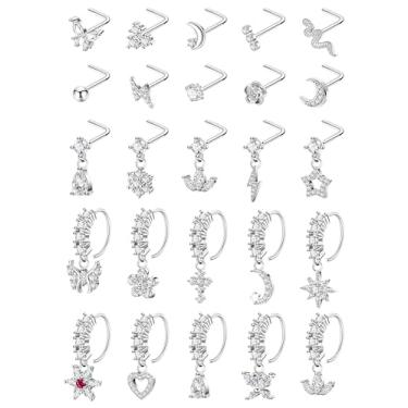 Imagem de LOREMOW Anel de nariz com pingente de ouro 20G para mulheres e homens, aço inoxidável 316L, em forma de L, zircônia cúbica, flor, lágrima, nariz, lua, estrela, conjunto de argola de nariz