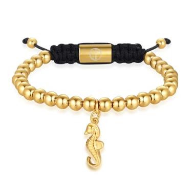 Imagem de WP WEPICK Pulseiras masculinas banhadas a ouro 18 quilates com cruz de estrela de oito garras, trevo de quatro folhas, coração e gato, pulseira com pingente de aço inoxidável, contas de ouro