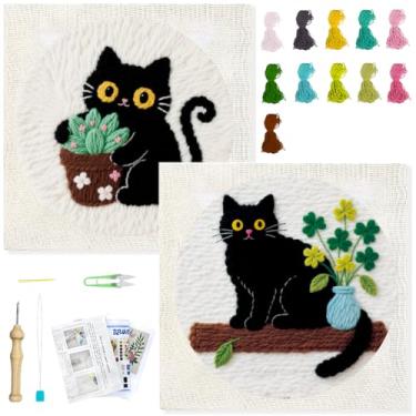 Imagem de BEUNITONE Kit de agulhas de punção de plantas e gatos pretos para adultos iniciantes, kit completo de artesanato com agulha, moldura, fio e padrão, para pendurar na parede, fazer arte de parede