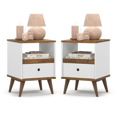 Imagem de Kit 2 Mesas de cabeceira Branca quarto 1 gaveta e um Nicho pés palito 