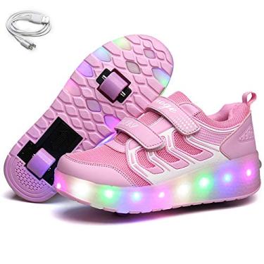 Imagem de Tênis infantil Ehauuo com duas rodas e luzes recarregáveis com rodinhas retrátil, tênis LED piscante para meninos e meninas unissex, C-pink, 13 Little Kid