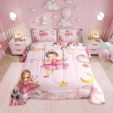 Imagem de Erosebridal Jogo de cama solteiro de fada rosa para meninas – Conjunto de edredom floral e borboleta para crianças, adolescentes, lua e estrelas, decoração de quarto de fadas fofas com 1 fronha