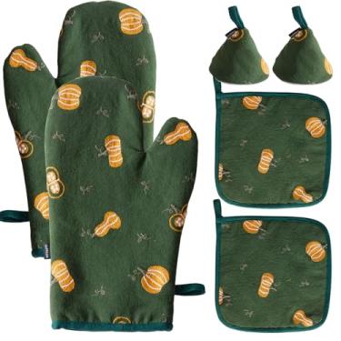 Imagem de Hausfrau Conjuntos de luvas de forno e suportes de panela de jacquard bordadas com capa de cabo de ferro fundido, 6 peças, luvas de cozinha florais vintage resistentes ao calor, luvas de forno para