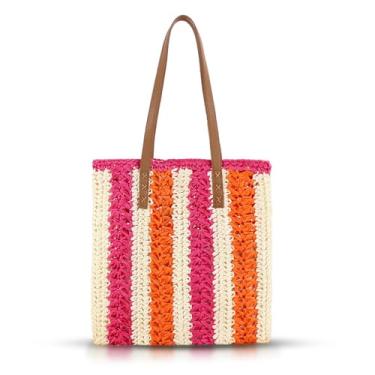 Imagem de Bolsa de praia feminina, 3 cores listradas de couro patchwork, bolsa de palha, bolsa de ombro macia tecida à mão, bolsa de mão para viagens de férias, combinação diária (rosa choque), Rosa choque, One