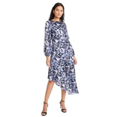 Imagem de Maggy London Vestido feminino midi floral de manga comprida com bainha assimétrica - Vestidos de convidada de casamento, Preto cinza acinzentado, 34