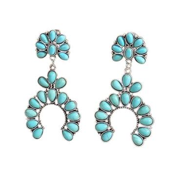 Imagem de Brincos femininos com pingente de gota oval turquesa boho com contas de flor ocidental em forma de gota, pingente de liga étnica vintage, aniversário, dia dos namorados, joias para presente, 1, Pedra