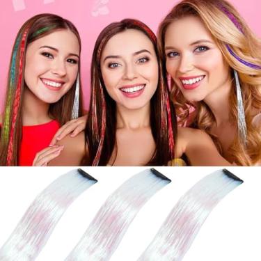 Imagem de Grampos de cabelo com tinsel de cabelo colorido 3 peças, 19,8 polegadas 1060 fios decorações de cabelo coloridas acessórios de grampos de cabelo (3 peças, prata Dazzle #)
