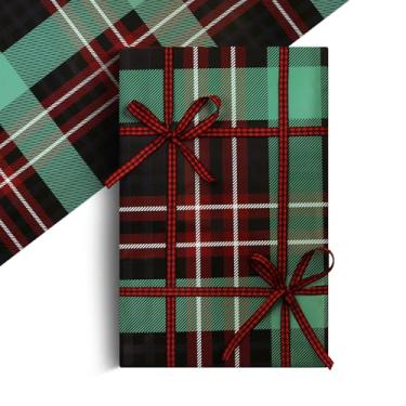 Imagem de Papel de embrulho xadrez buffalo, xadrez preto e vermelho, papel de embrulho de presente de Natal, 4 folhas de papel de arte vintage clássico plano dobrado com conjunto de fita guingão para Natal