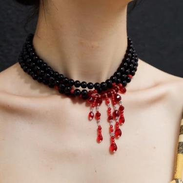 Imagem de Colar gótico com franjas de gota de sangue multicamadas, gargantilha de vampiro para mulheres, imitação de pérolas, acessórios de Halloween, One size, Plástico, Sem Pedra Preciosa