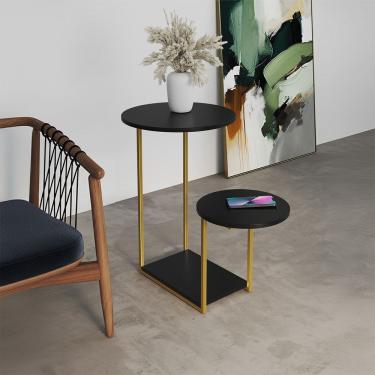 Imagem de Mesa Auxiliar Ferro Dourado Tampo Redondo Preto Cibele