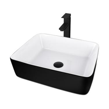 Imagem de Pia de banheiro de cerâmica, pia de vaso de porcelana preta e branca 48 cm x 38 cm acima do balcão com torneira preta e conjunto de dreno pop-up, retangular
