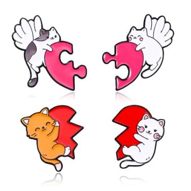 Imagem de QLYOVWE Conjunto de alfinetes femininos Kawaii Animal Friends Valentine Collection 4 peças coração esmaltado broche fofo gato rosa roupas chapéus acessórios cachecol crachá presentes de Natal