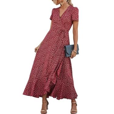 Imagem de PRETTYGARDEN Vestido maxi feminino de verão, casual, floral, decote em V, manga curta, bainha com babados, vestidos longos de praia, Vermelho, G