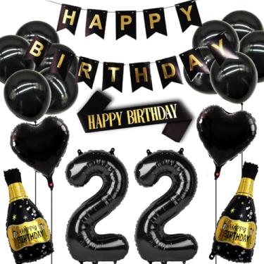 Imagem de Conjunto de decorações de aniversário de 22 anos para mulheres e homens, balão de decoração de aniversário de 22 anos de ouro preto, suprimentos para festa de 22 anos, incluindo faixa, alça de ombro e