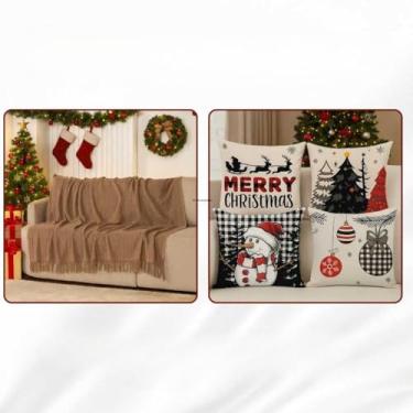 Imagem de Manta Sofa, Kit Capas de Almofada Digital Natalina Decoração Natal Sala(Manta Avelã + Encanto Verm)