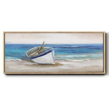 Imagem de Renditions Gallery Arte abstrata de parede para casa barco enevoado na costa flutuante, pinturas e impressões para escritório, hotel, fazenda - moldura natural LT610 de 30,5 cm x 76,2 cm