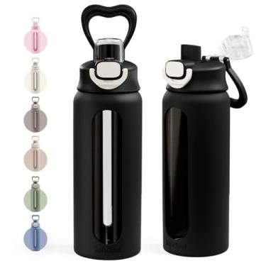 Imagem de SANDJEST Garrafa de água de vidro com manga de silicone 680 g com tampa, marcador de tempo motivacional, garrafas de vidro de hidratação para homens e mulheres, esportes de viagem na academia (preto)
