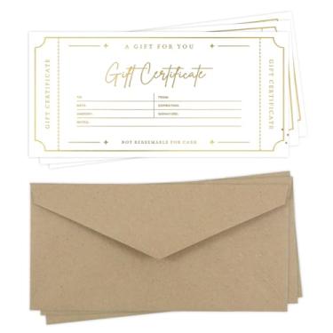 Imagem de Vales de presente com envelopes, vales de presente de ouro em branco para negócios, salão, spa, aniversário, dia das mães ou presente de férias, 25 cartões personalizados (8,9 cm x 18,4 cm)
