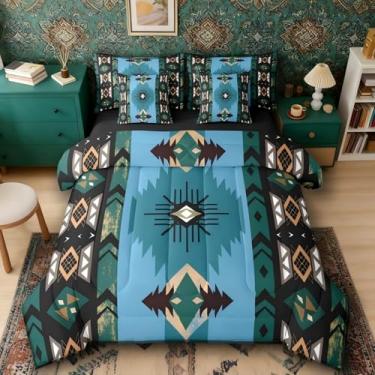 Imagem de Conjunto de edredom Queen Western Bed in a Bag, 7 peças, decoração boho, asteca, étnico, tribal, flecha, retrô, geométrico, tribal, sudoeste, diamante, decoração de quarto