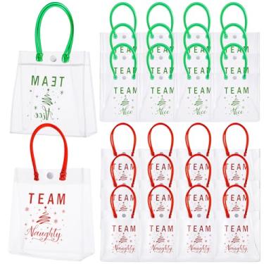 Imagem de Silkfly 24 peças de sacolas de presente transparentes de Natal da equipe Naughty or Nice com alça de PVC transparente para embrulho de presente com botão, reutilizável para Natal, férias, festas