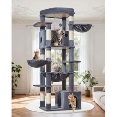 Imagem de Taoqimiao Árvore para gatos, torre de árvore para gatos de 182 cm para ambientes internos e adultos, torre para gatos com plataforma grande, 7 postes para arranhar, rede, cesta aconchegante, 2