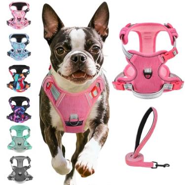 Imagem de BEAUTYZOO Peitoral para cães grande, ajustável e conjunto de coleira para cães – Fácil de usar com 3 fivelas/alça de controle, colete refletivo macio acolchoado para treinamento, caminhada, rosa, P