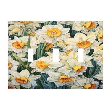 Imagem de Nadoabtm Placas decorativas para interruptores simples, branco, flor, floral, 3 grupos, placa de parede com interruptor de luz tripla e painéis de parede elétricos para decoração de quarto e banheiro