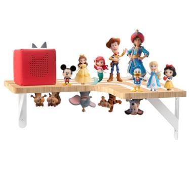 Imagem de QWUIU Tonies Prateleira magnética para exibição de bonecos Tonie Box (50 a 80 caracteres), prateleiras de armazenamento flutuantes montadas na parede de madeira, estação de carregamento compatível